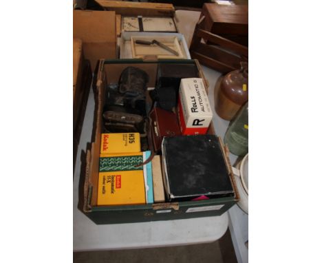 A box containing various cameras, including an Automatic 8 Rolls camera; Polaroid Square Shooter 2 land camera etc.