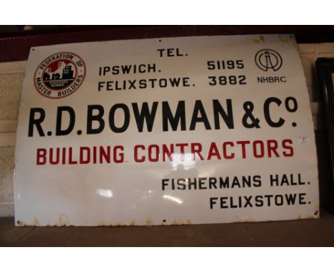 An RD Bowman &amp; Co., Building Contractor's of Fishermans Hall Felixstowe, enamel sign (approx. 91cm x 61cm)