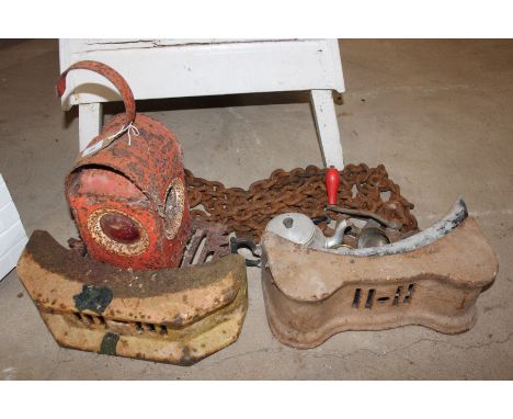 Three various fire fronts; heavy chain; old mincer; old roadside warning light etc. 