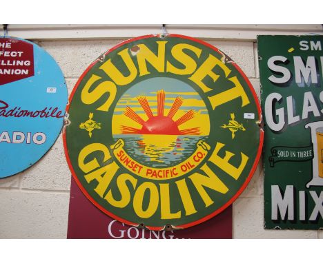 A circular enamel advertising sign "Sunset Gasoline", (76cm diameter)