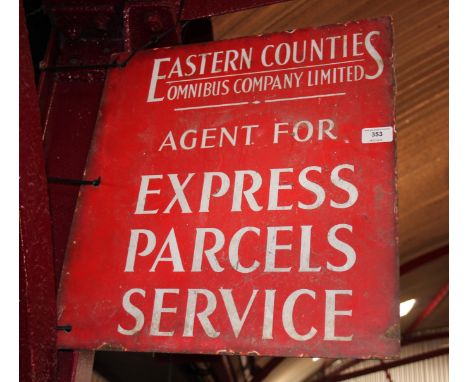An enamel double sided advertising sign for "The Eastern Counties Omnibus Co. Ltd", (46cm x 43cm approx.)