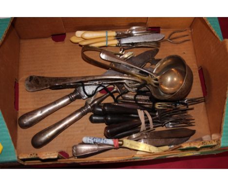 A large plated soup ladle; a carving set; various vintage cutlery etc. 