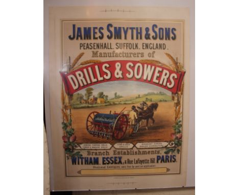 An advertising poster for James Smyth &amp; Sons, Peasenhall Suffolk "Drills and Sowers", approx. (69cm x 52cm approx. overal