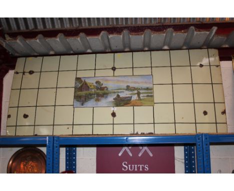 A large enamel sign having central panel depicting a fisherman on a lake, 69cm x 170cm