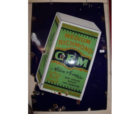 An enamel advertising sign for Medium Richmond GEM cigarettes, (80cm x 62cm approx.)