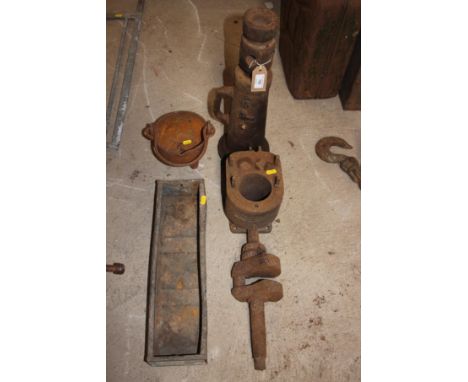 A screw jack mark No. 5; a small melting pot; a small Eltex feed trough; engine crank and barrel