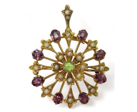A SUFFRAGETTE PENDANT BROOCH made in bright yellow metal and set with peridot, garnet and pearls, the colours of the Suffrage