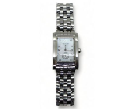 A LADIES DIAMOND SET LONGINES WATCH with mother of pearl dial subsidiary seconds dial and diamond numerals, tank shaped case,