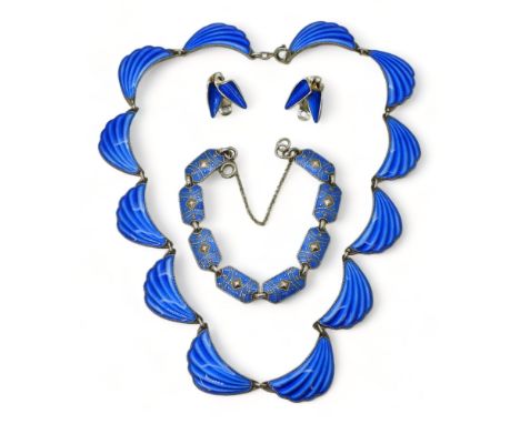 NORWEGIAN ENAMEL JEWELS a necklace of fan shaped blue enamel forms by Elvik &amp; Co, length 40cm, a pair of blue enamel clip