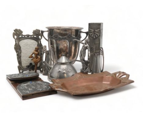 A PAIR OF WMF SECESSIONIST&nbsp;ELECTROPLATED BUD VASES 14.5cm high, a pressed copper Secessionist dish, 35cm long, together 