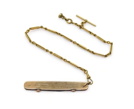 AN 18CT GOLD FOB CHAIN with baton links and fancy knot links, made by John Goffe &amp; Son, length 34cm, with an attached fob