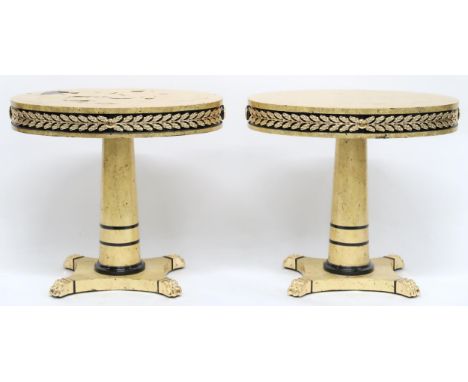 A PAIR OF CONTEMPORARY GILT OVAL TOPPED LAMP TABLES&nbsp; with gilt brass acanthus leaf friezes over tapering cylindrical sup