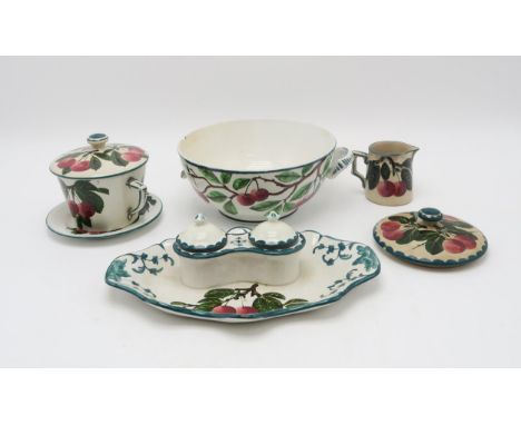 A COLLECTION OF WEMYSS WARE CHERRY PAINTED POTTERY including a two handled bowl, a chocolate cup and cover, a large pot lid, 