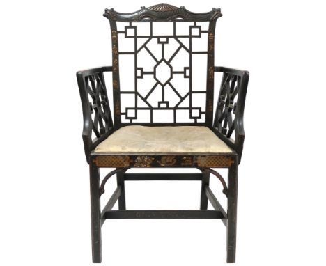 A 19TH CENTURY CHINESE CHIPPENDALE OPEN ARMCHAIR&nbsp; with extensively decorated backrest and arms with lattice fretwork dec
