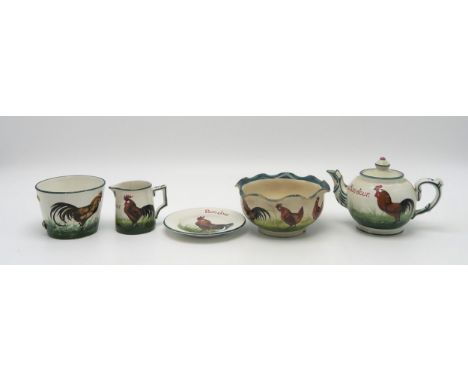A SMALL COLLECTION OF WEMYSS WARE all painted with brown cockerel and hen including a Bon Jour plate, 12.5cm diameter, jug an