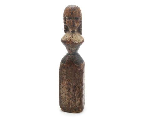 A FOLK ART CARVED AND PAINTED PINE FEMALE FIGURE Possibly a newel post finial, formed as a woman with long ringleted hair, re