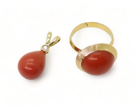 AN 18CT GOLD CORAL PENDANT AND RING, the tear drop shaped pendant is set with a 0.05ct brilliant cut diamond, together with a