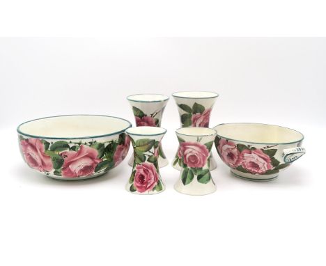 A COLLECTION OF WEMYSS WARE  all painted with cabbage roses including a large bowl, 24cm diameter, a two handled bowl, a tall