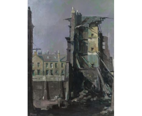 ERNEST HOOD (SCOTTISH 1932-1988) THE TENEMENT (GLASGOW) Oil on canvas, signed lower left, 100 x 75cm (39.5 x 29.5") Exhibited