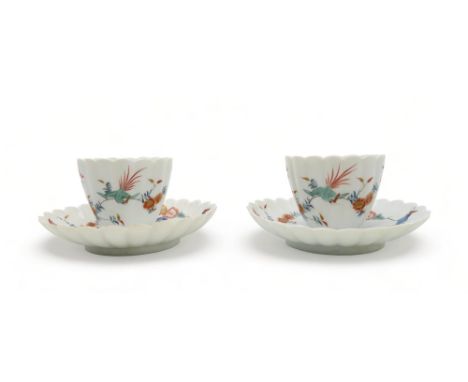 A PAIR OF MEISSEN KAKIEMON TEABOWLS AND SAUCERS FROM THE JAPANESE PALACE circa 1730, each piece of lobed form and painted wit