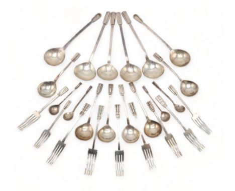 JOHN FINLAYSON LANG &amp; THOMAS PERCY GRIFFIN; a collection of Scottish Arts and Crafts style silver flatware, four small sp
