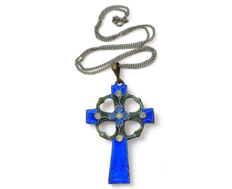 AN ARTS &amp; CRAFTS STYLE PENDANT the Celtic cross is made in copper and enamelled in blues and greens, length with bail 7.2