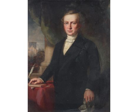 MANNER OF WILLIAM YELLOWLEES (SCOTTISH 1796-1885) PORTRAIT OF A GENTLEMAN STANDING AT A DESK, WITH A VIEW TO ST MARY'S KIRK H