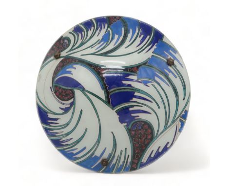 MAXONADE VERRIER D'ART - A LARGE FRENCH GLASS PLAFFONIER circa 1935, of shallow concave form, with reverse painted purple, pi