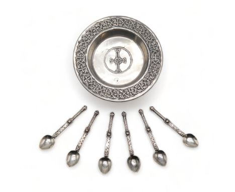 ALEXANDER RITCHIE;  A cased set of six Iona silver 'nunnery' spoons, of medieval celtic style design, with foliate stems and 