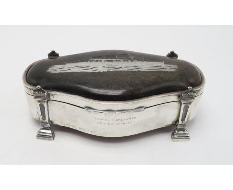 NAVAL INTEREST; A George V silver tortoiseshell presentation casket, by Charles & Richard Comyns, London 1919, of shaped oval