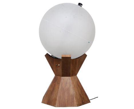 A MID 20TH CENTURY TEAK BASED REVOLVING GLOBE FLOOR LAMP&nbsp; with spherical fibreglass shade on revolving mechanism on angu