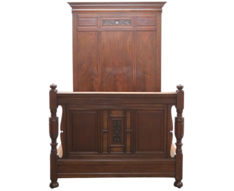 A VICTORIAN MAHOGANY FRAMED TESTER SIZE BED FRAME&nbsp; tall headboard with moulded dentil cornice over carved scrolled folia