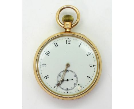 AN 18CT POCKET WATCH in the open face style, with a plain white enamel dial with black Arabic numerals subsidiary seconds dia