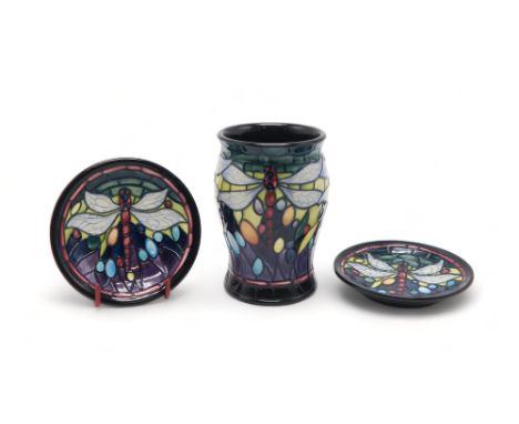 A MOORCROFT POTTERY FAVRILE PATTERN VASE decorated with Art Nouveau style dragonflies, designed by Nicola Slaney, dated 2000,