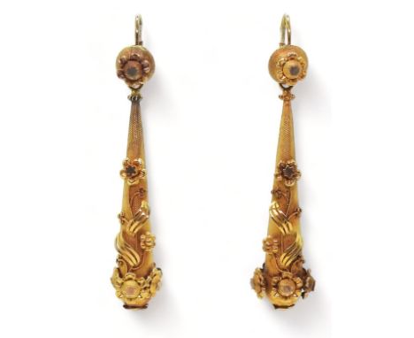 VINTAGE CONTINENTAL EARRINGS the long drop yellow metal earrings have applied flower motifs, with continental hook closures. 