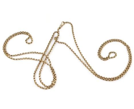 A 9CT GUARD CHAIN the long belcher chain, has a 9ct soldered on tag to the end of the chain, and also to the lobster claw cla
