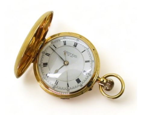 18CT FULL HUNTER POCKET WATCH the white dial and mechanism signed S. Smith &amp; Son 9 Strand London 90- 185. with black Roma