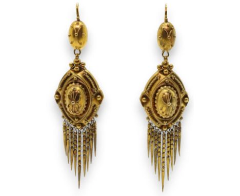 VICTORIAN TASSEL EARRINGS the classic yellow metal Etruscan design earrings, are embellished with granulation and wire work. 