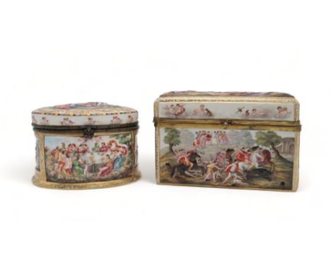 A CAPODIMONTE GILT METAL MOUNTED LIDDED BOX of oval form decorated with Bacchanalian and battle scenes, 19cm diameter, with b