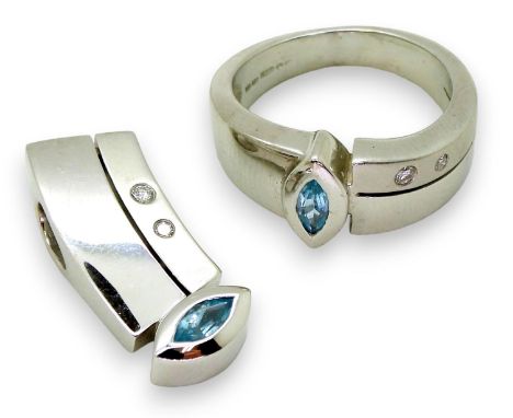 TOPAZ &amp; DIAMOND SUITE comprising of a 18ct white gold ring, set with a blue topaz and diamond accents, finger size L1/2, 