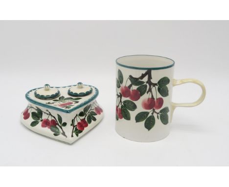 A WEMYSS WARE CHERRY DECORATED HEART SHAPED INKWELL together with a large tankard 14.5cm high (2) Condition Report:inkwell - 