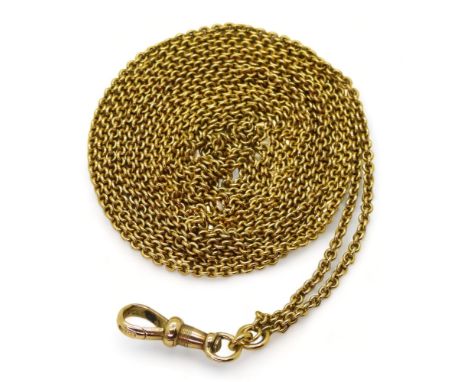 A 15CT GOLD GUARD CHAIN of plain belcher form, with a hallmarked lobster claw clasp and soldered on tag on the chain end. Len