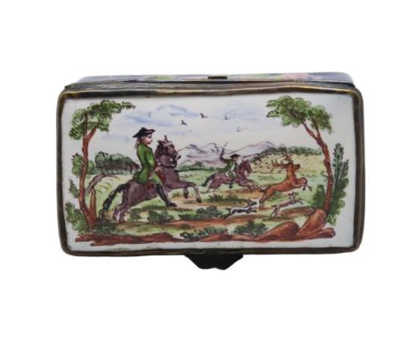 A BILSTON ENAMEL BOX of rectangular form, the lid painted with a hunting scene, 6.5cm long Condition Report:Has damage to the