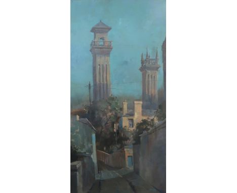 ERNEST HOOD (SCOTTISH 1932-1988) PARK CIRCUS, GLASGOW Oil on board, signed lower right, 154 x 77.5cm (60.5 x 30.5") Exhibited