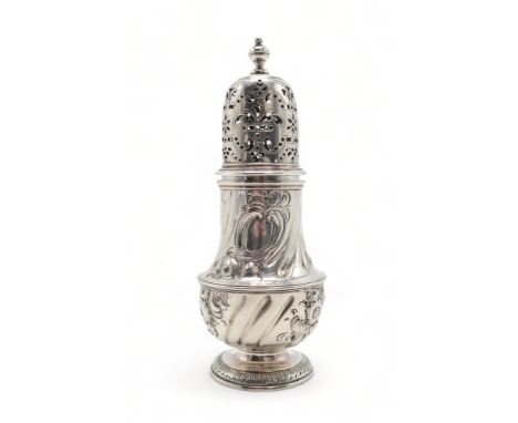 A GEORGE II SILVER CASTER by Thomas Bamford, London 1733, of baluster form, with later engraved foliate and fluted decoration