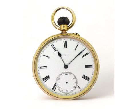 AN 18CT GOLD OPEN FACE POCKET WATCH&nbsp; with a white enamel dial, black Roman numerals, subsidiary seconds dial (hand missi