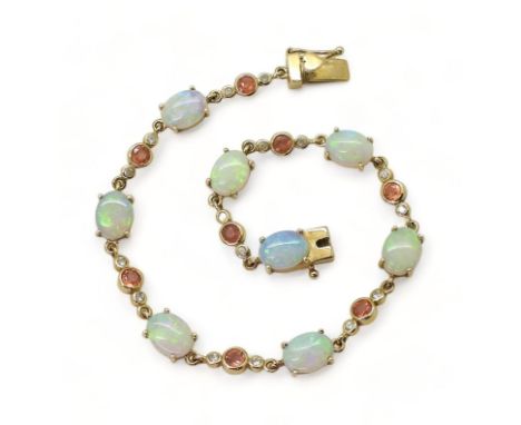 A 9CT GOLD BRACELET set with oval opals and pink and white sapphires, length 19cm, with a heart detail box clasp, weight 9.2g