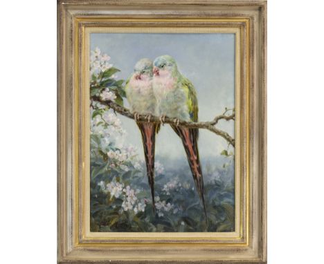 ROBERT MORLEY (BRITISH 1857 - 1941), SPRING IDYLL, PARAKEETS oil on panel, signed 41cm x 30cm Framed Labels verso: Inscribed 