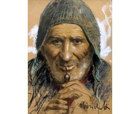 FRANCESCO PAOLO MICHETTI (ITALIAN 1851 - 1929), THE PIPE PLAYER pastel on paper, signed 35.50cm x 26.00cm Mounted, framed and