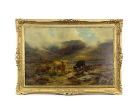 LOUIS BOSWORTH HURT (BRITISH 1856 - 1929), HIGHLAND CATTLE IN A SCOTTISH LANDSCAPE oil on canvas, signed 50cm x 76cm Framed N